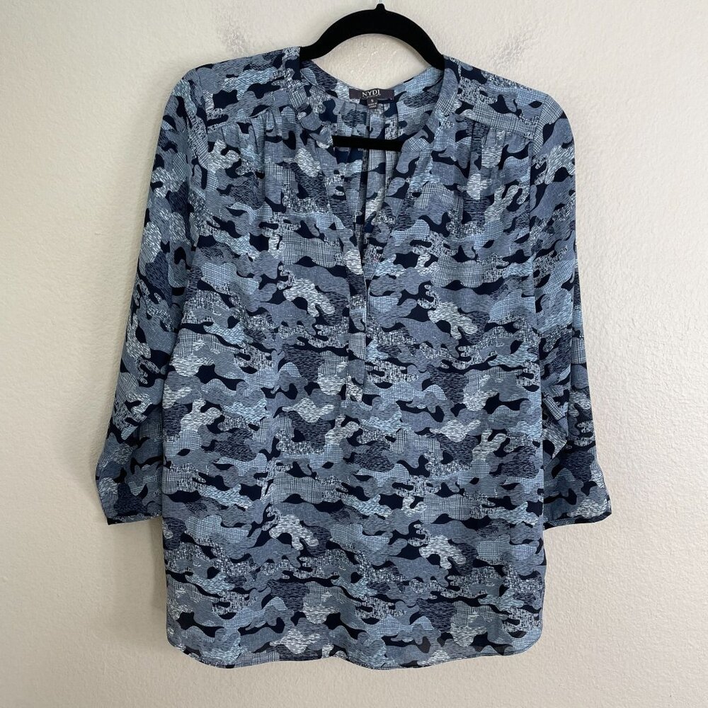 NYDJ‎ Womens Small Blue Camo Pattern Long Sleeve Blouse 3/4 Sleeve Shirt Top
